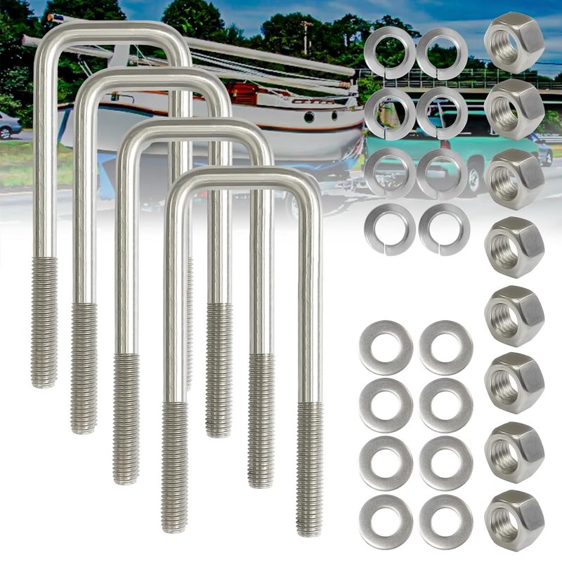 FITHOIST 4Pack Square U-Bolt 1/2"-13 Thread Size, 304 Stainless Steel U Bolts 1/2" D x 2-1/16" W x 6-5/16" L with Washers & Nuts, for Replacement Parts and Accessories for Ski Boat, Fishing Boat - Image 1